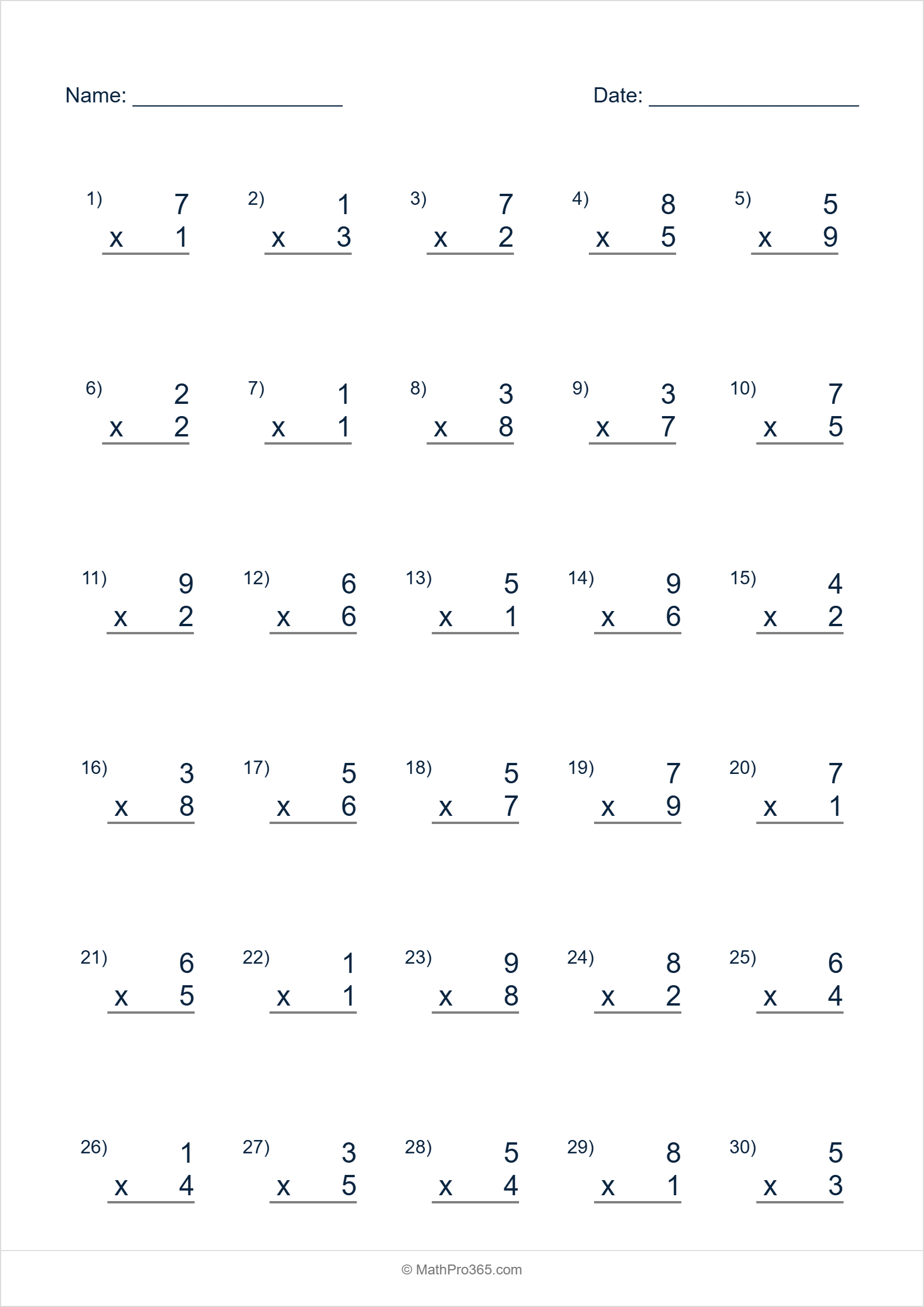 1 Digit Times 1 Digit Multiplication Worksheet Grade 2 Free PDF