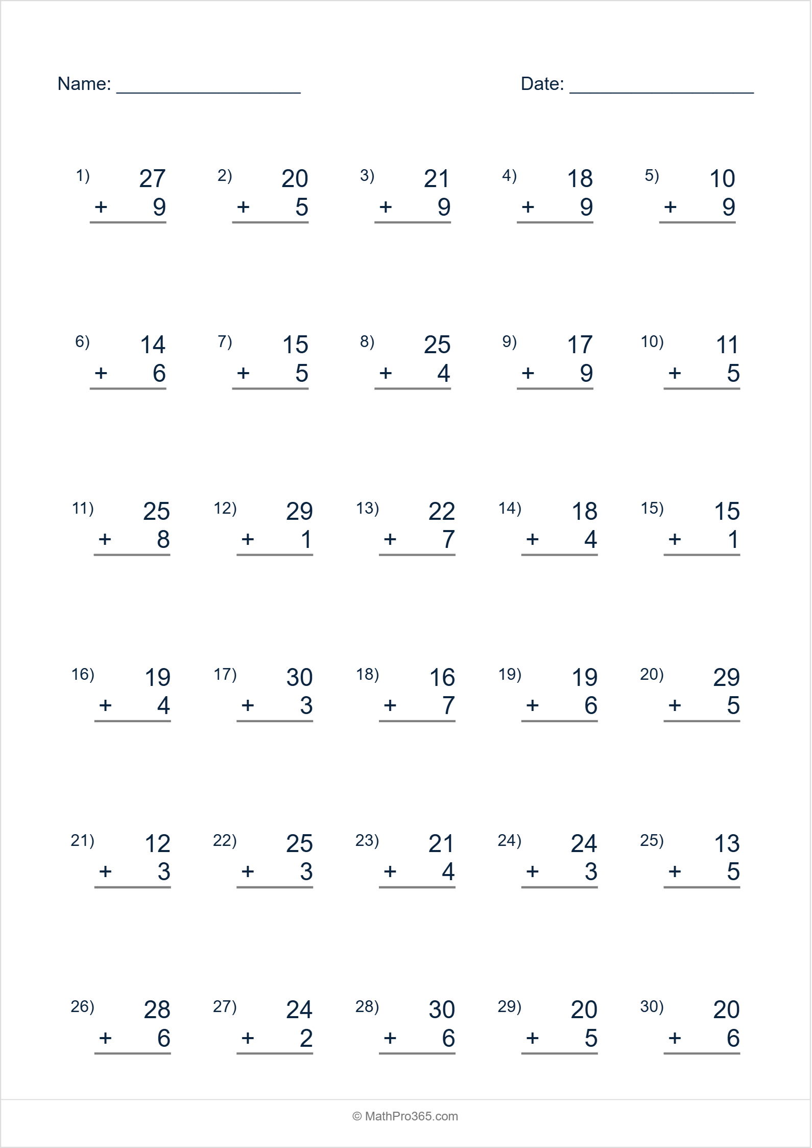 2 Digit (10-30) Plus 1 Digit (1-9) Addition Worksheet Grade 1 Sheet 3 Free PDF