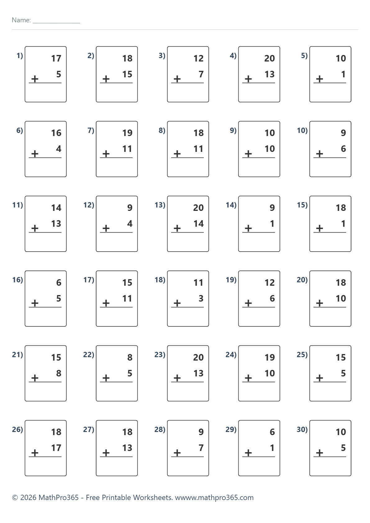 2-Digit Plus 1-Digit Addition Worksheet Grade 1 Free PDF