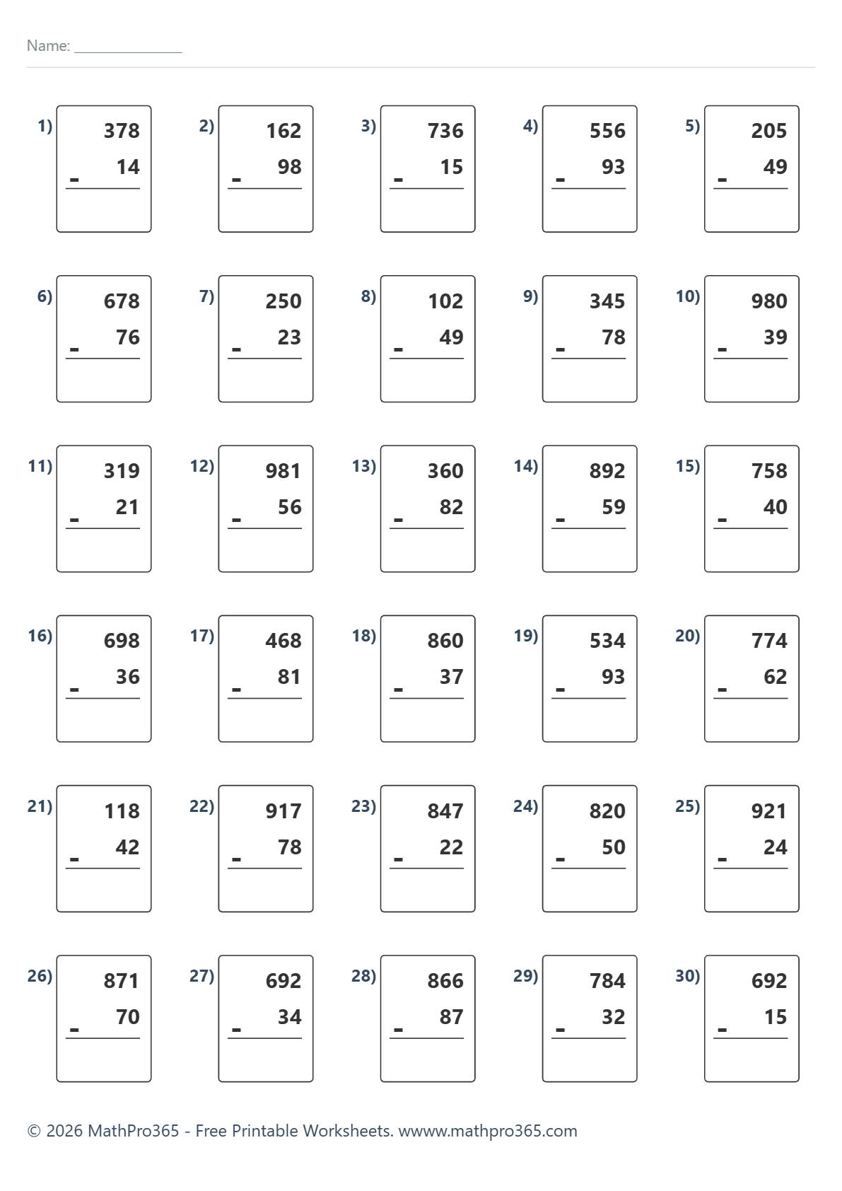 2-Digit Subtraction – 30 Practice Problems – Free PDF