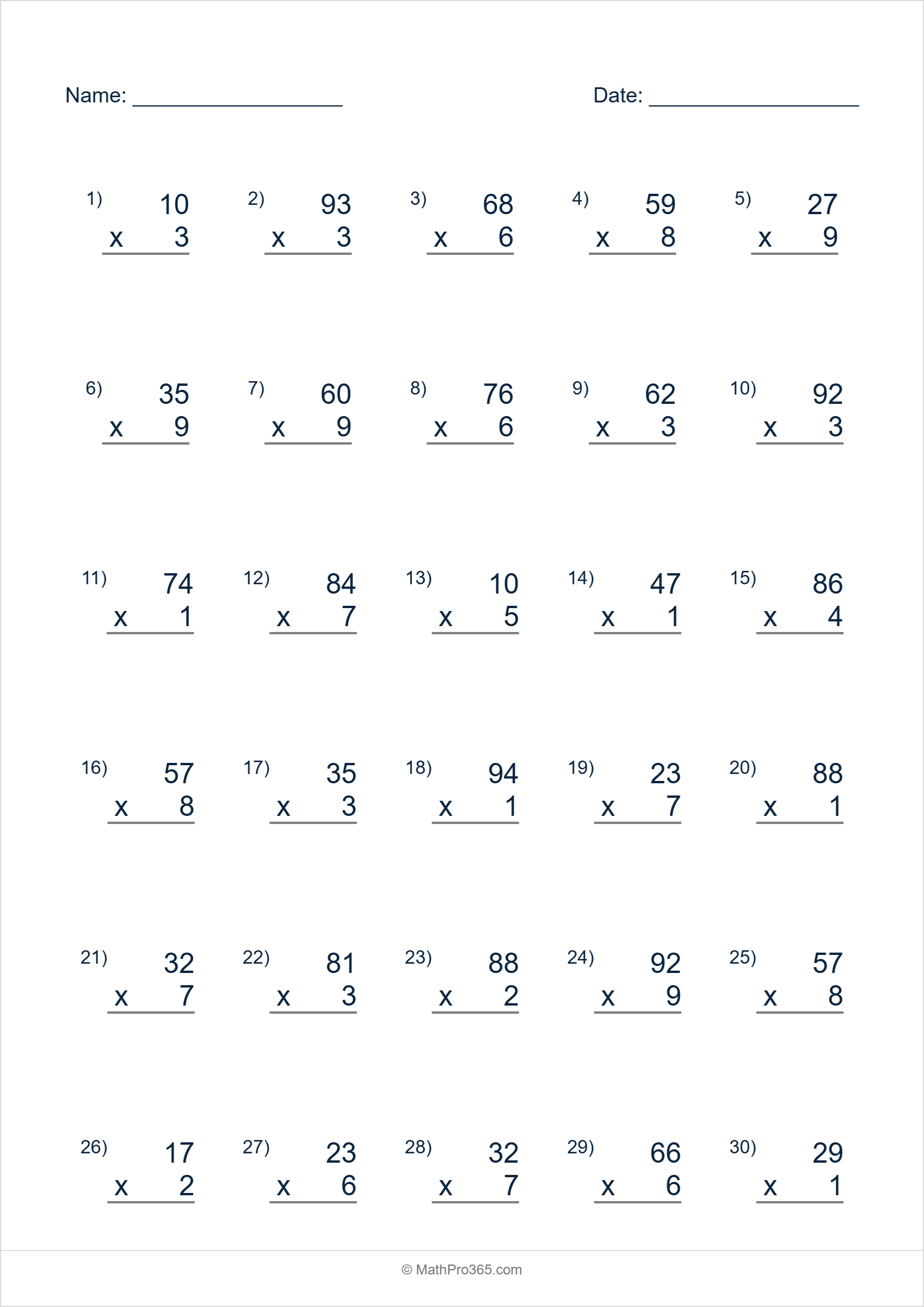 2 Digit Times 1 Digit Multiplication Worksheet Grade 2 Free PDF