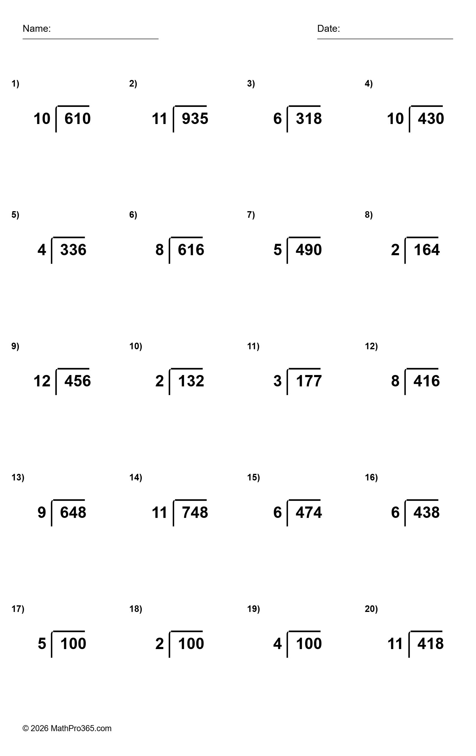 3-Digit Division Problems Worksheet Grade 4 Free PDF