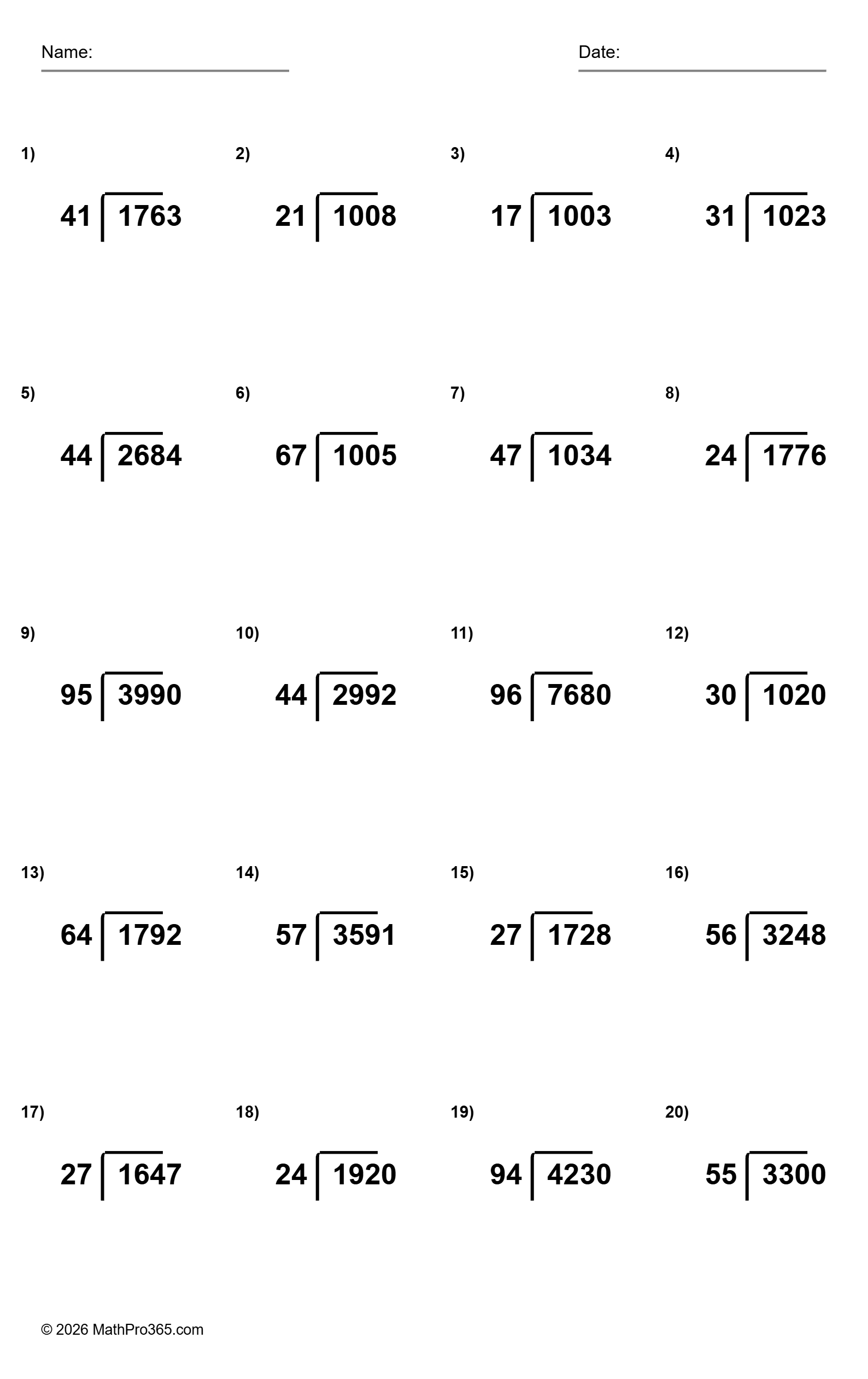 4 Digit Divided By 2 Digit Division Worksheet Grade 4 Free PDF