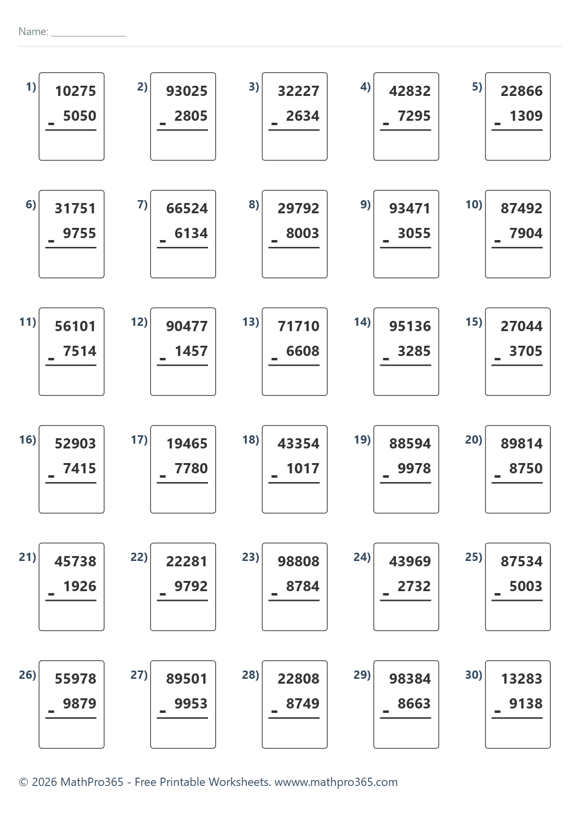 5-Digit Minus 4-Digit Subtraction Worksheet Grade 4 Free PDF