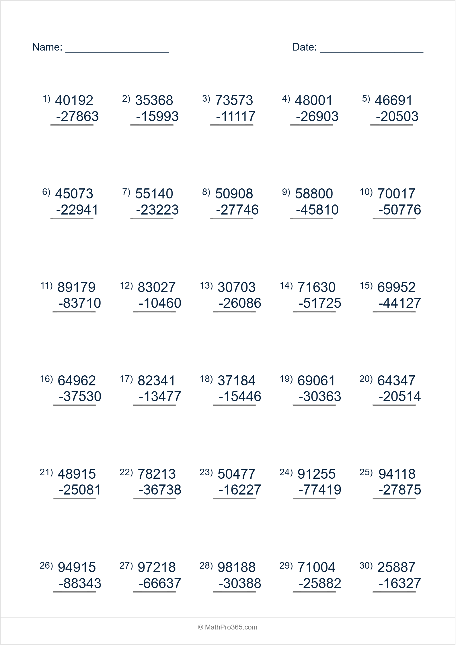 5-Digit Subtraction Practice Grade 4 Free PDF Worksheet