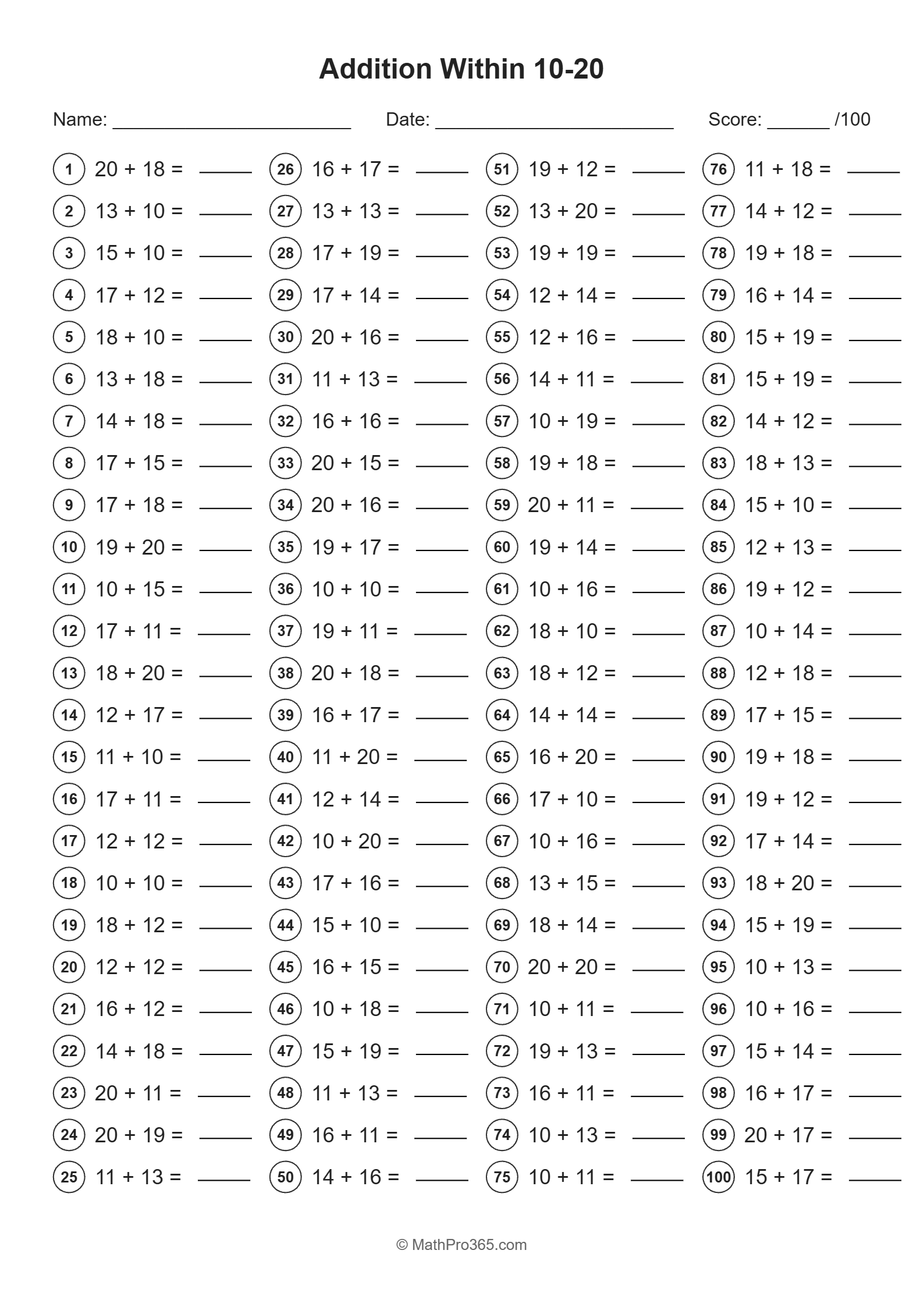 Addition Within 10-20 Grade 1 Worksheet Free PDF
