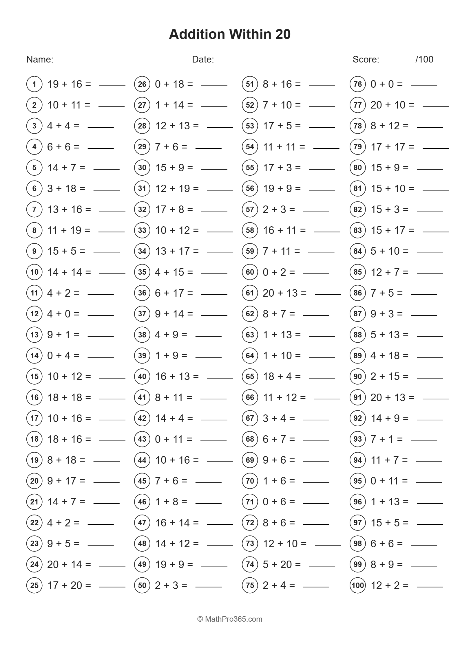 Addition Within 20 Worksheets Grade 1 Free PDF