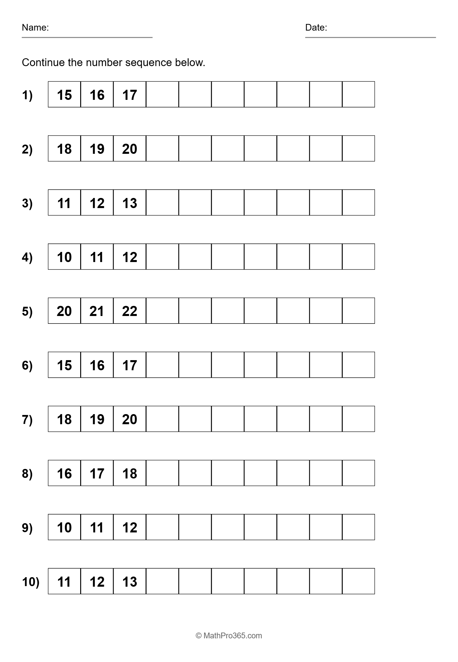 Continue the Number Sequence Grade 1 Free PDF