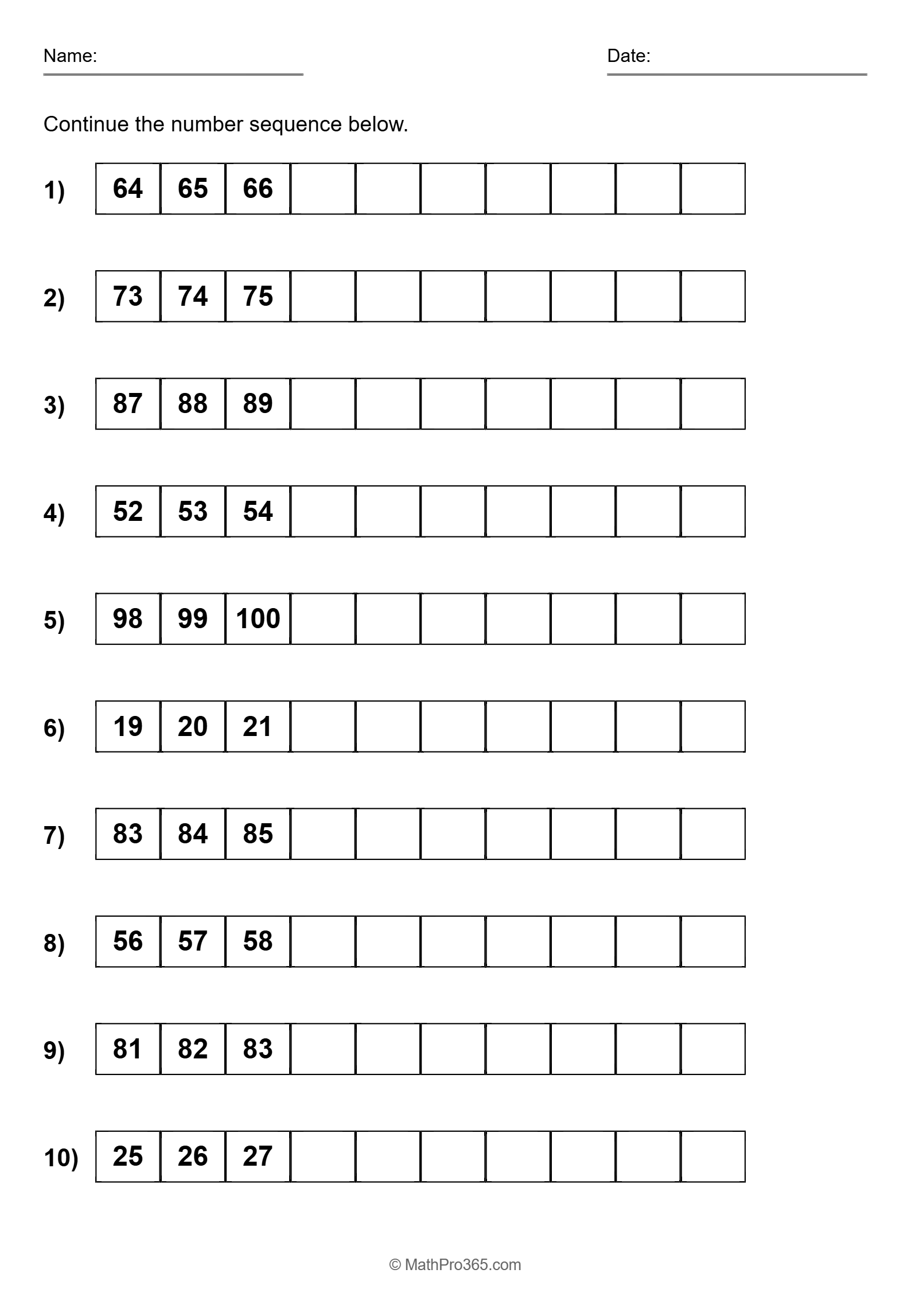 Continue the Number Sequence: Grade 1 Counting Worksheet