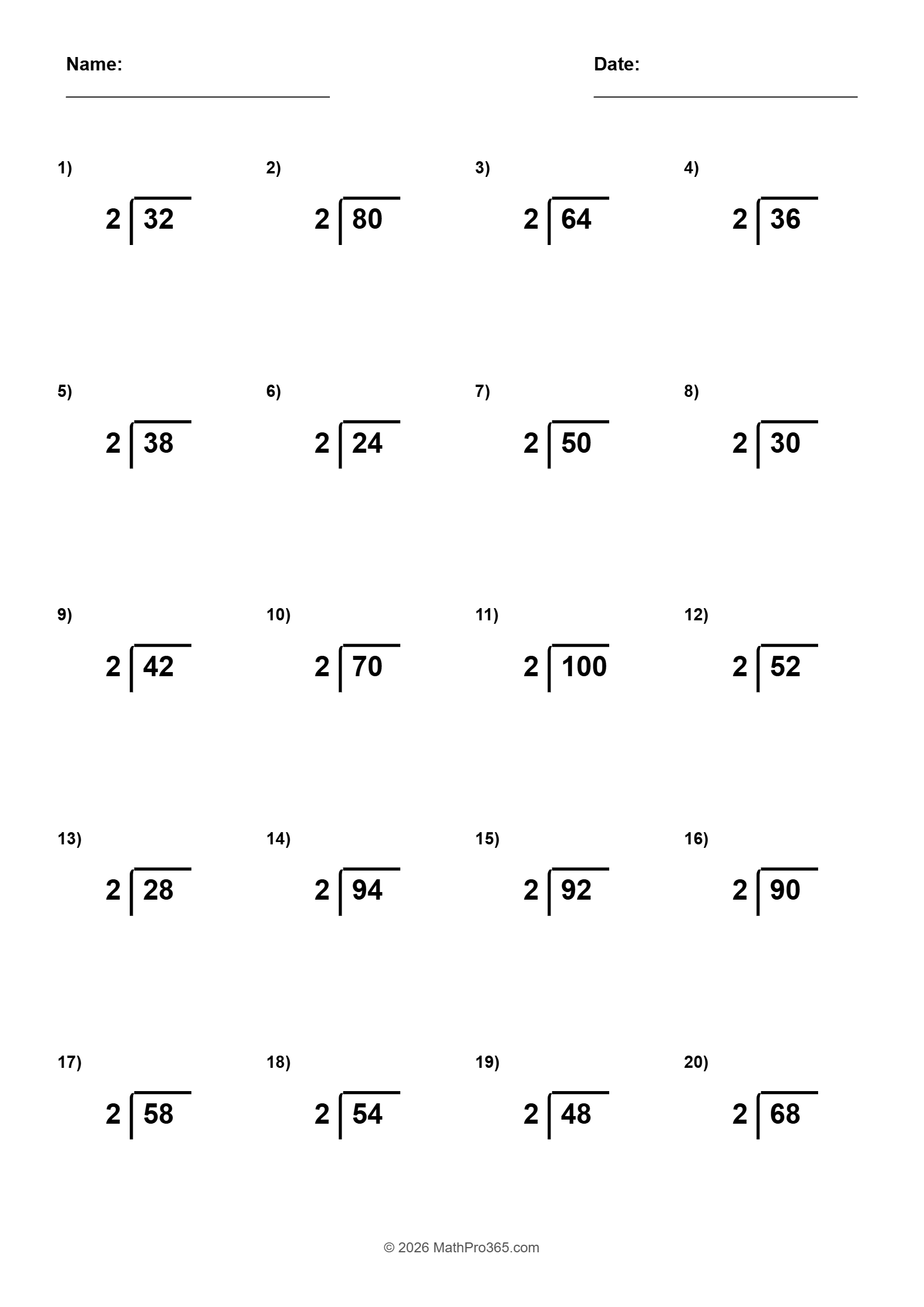 Division by 2 Practice Worksheet: 20 Long Division Problems