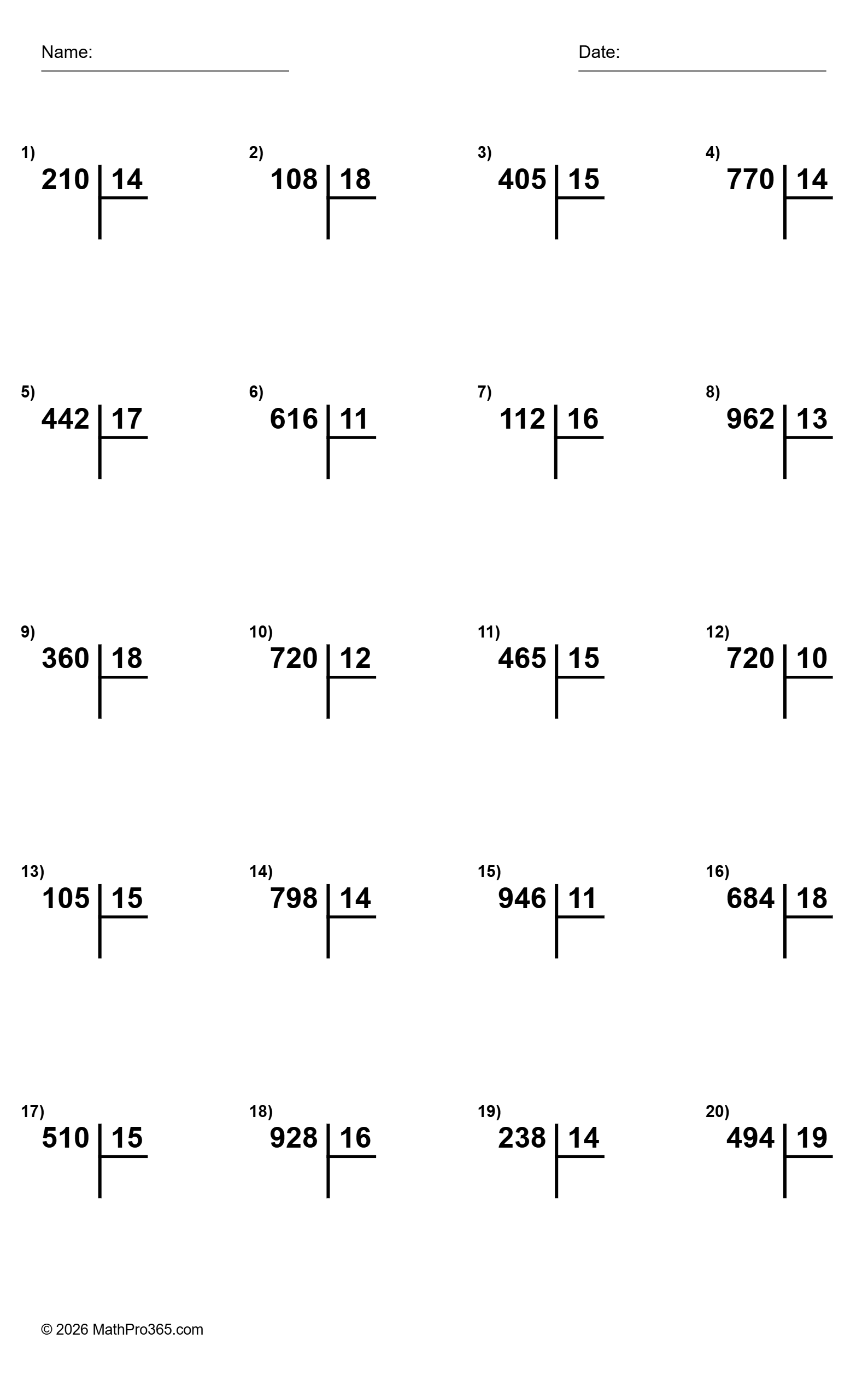 Division 3-Digit by 2-Digit Numbers Worksheet Grade 4 Free PDF