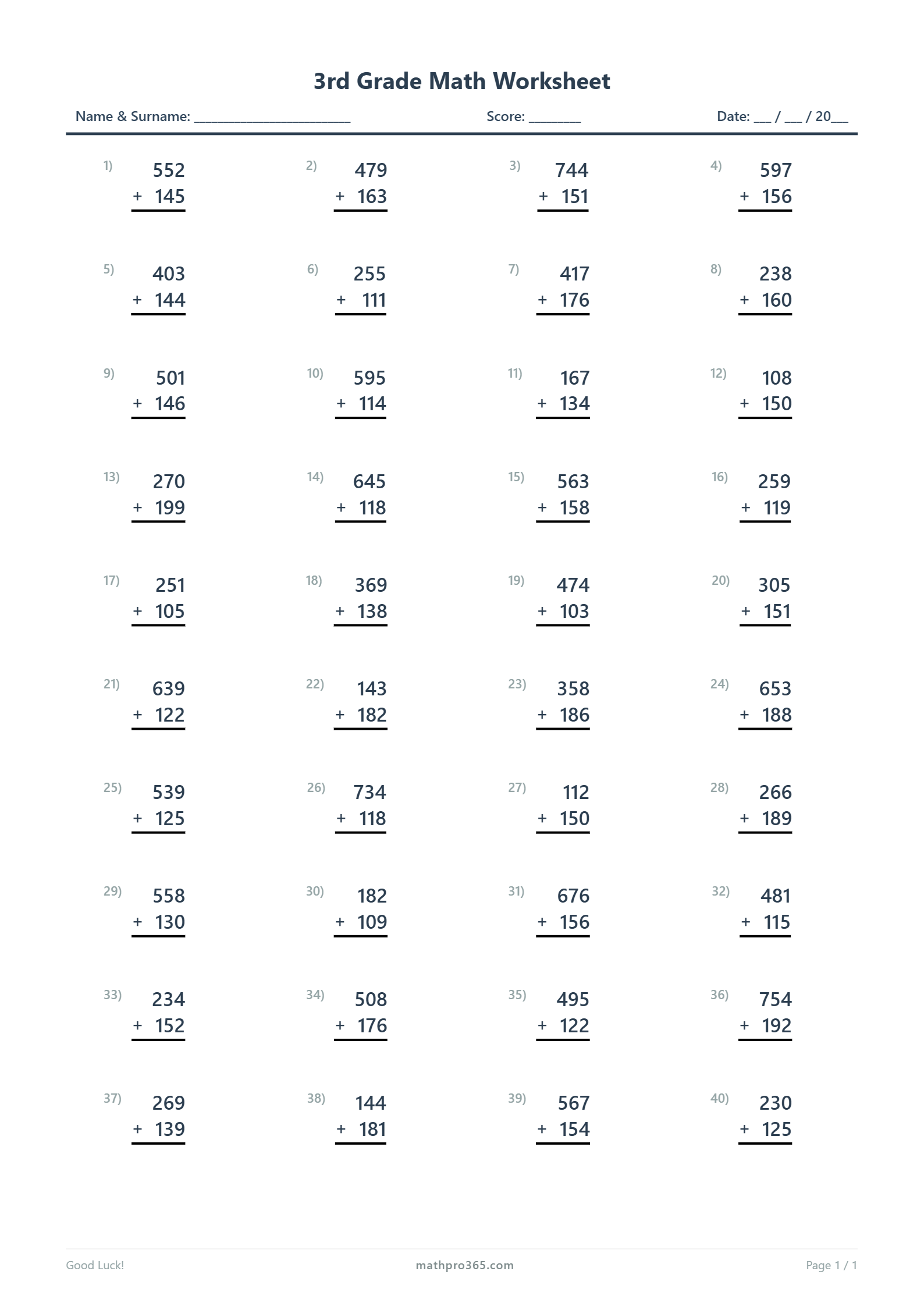 3rd Grade 3-Digit Addition Worksheet | MathPro365