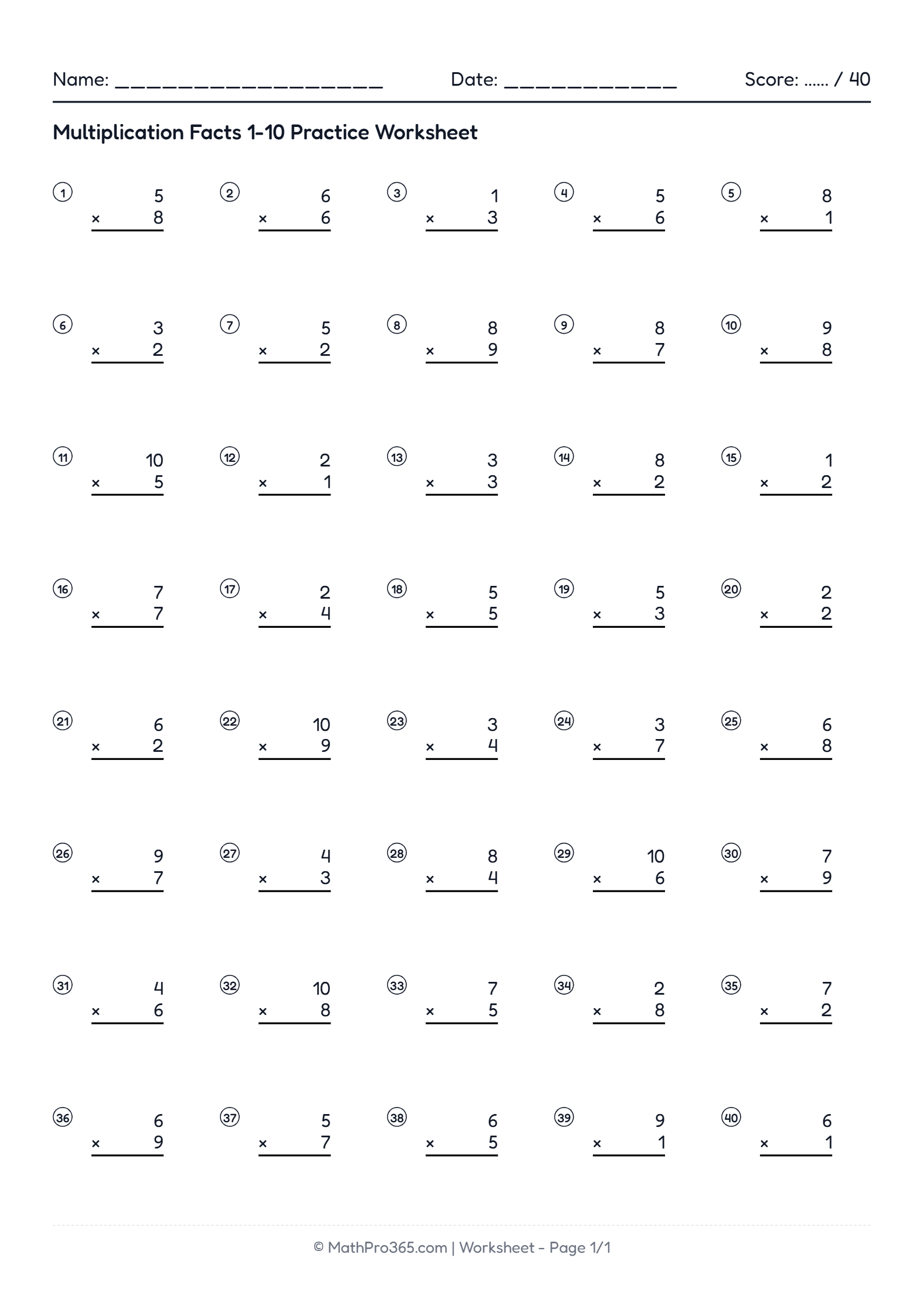 Grade 3 Multiplication Facts 1-10 Practice Worksheet
