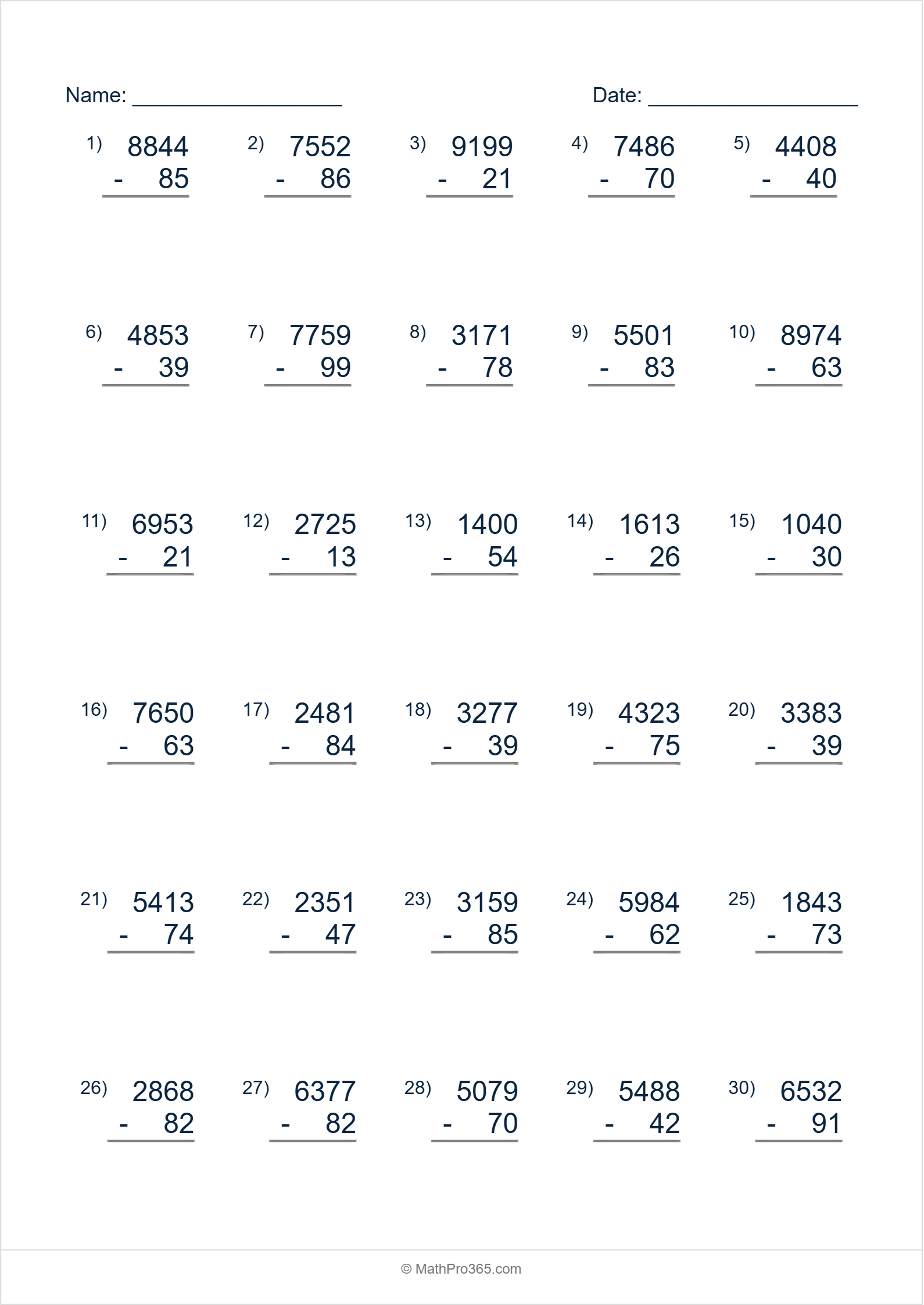 Grade 3 Subtraction: 4-Digit Minus 2-Digit Worksheets