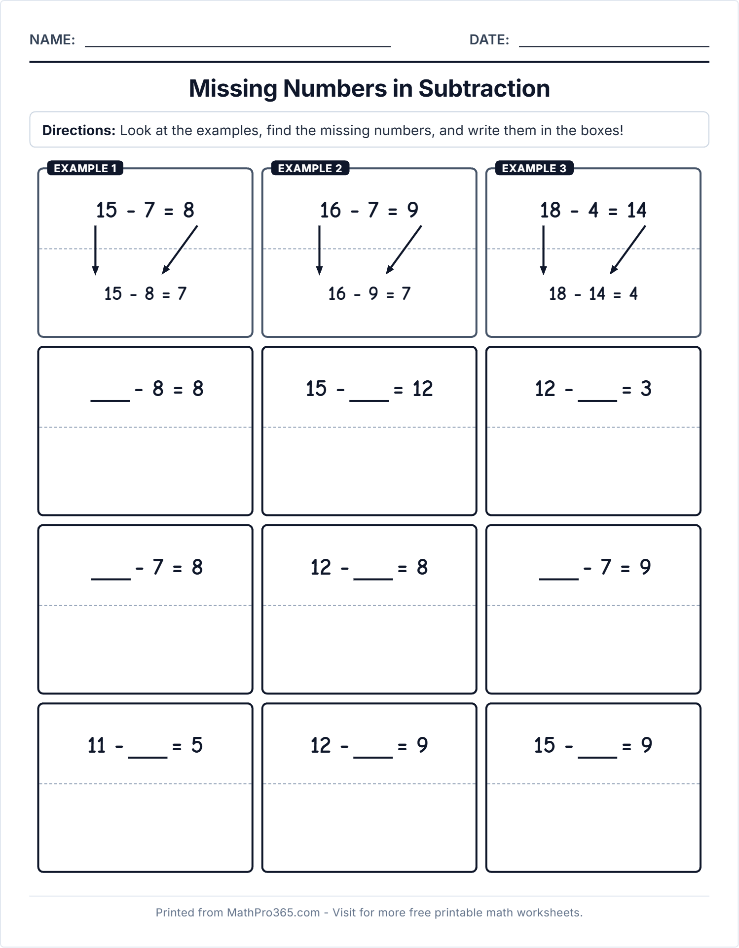 Missing Numbers in Subtraction Grade 1 Free PDF