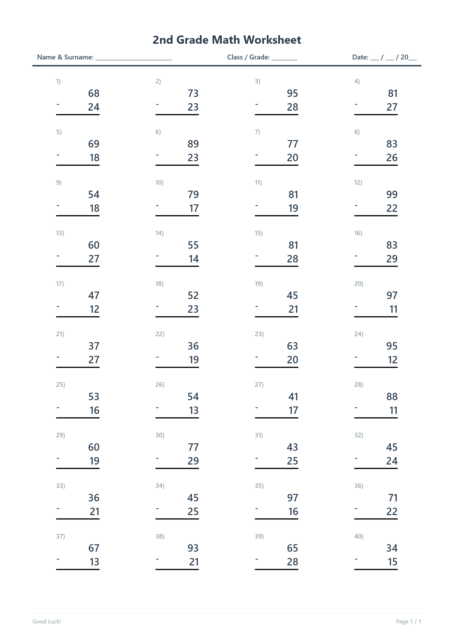Subtraction 2-Digit No Regrouping Grade 2 Free PDF
