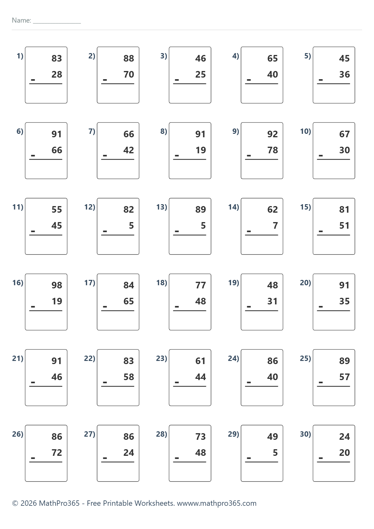 Subtraction Within 100 – 30 Practice Problems (With Regrouping) – Free PDF