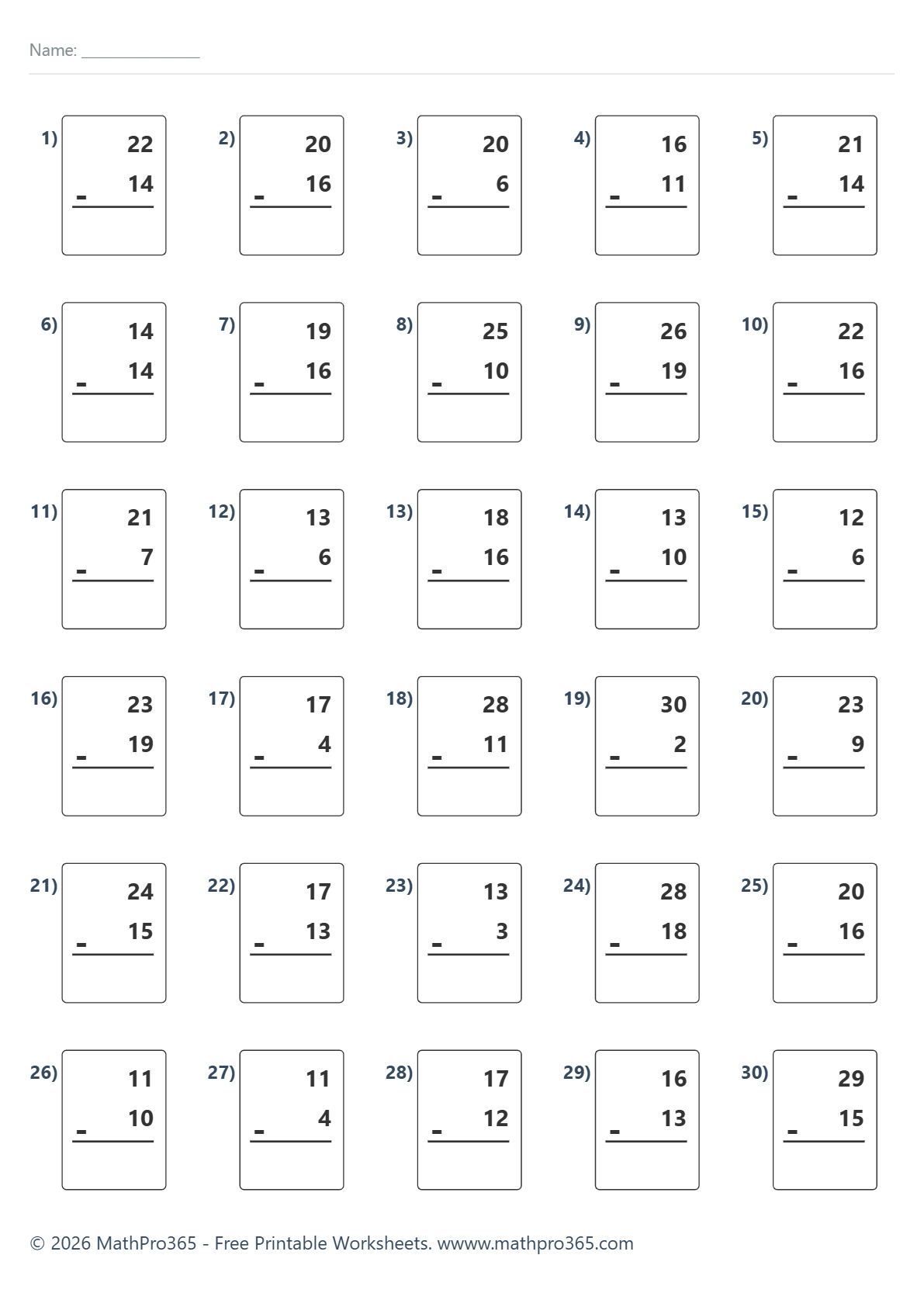Subtraction Within 30 – Regrouping Practice (Grade 2) – Free PDF
