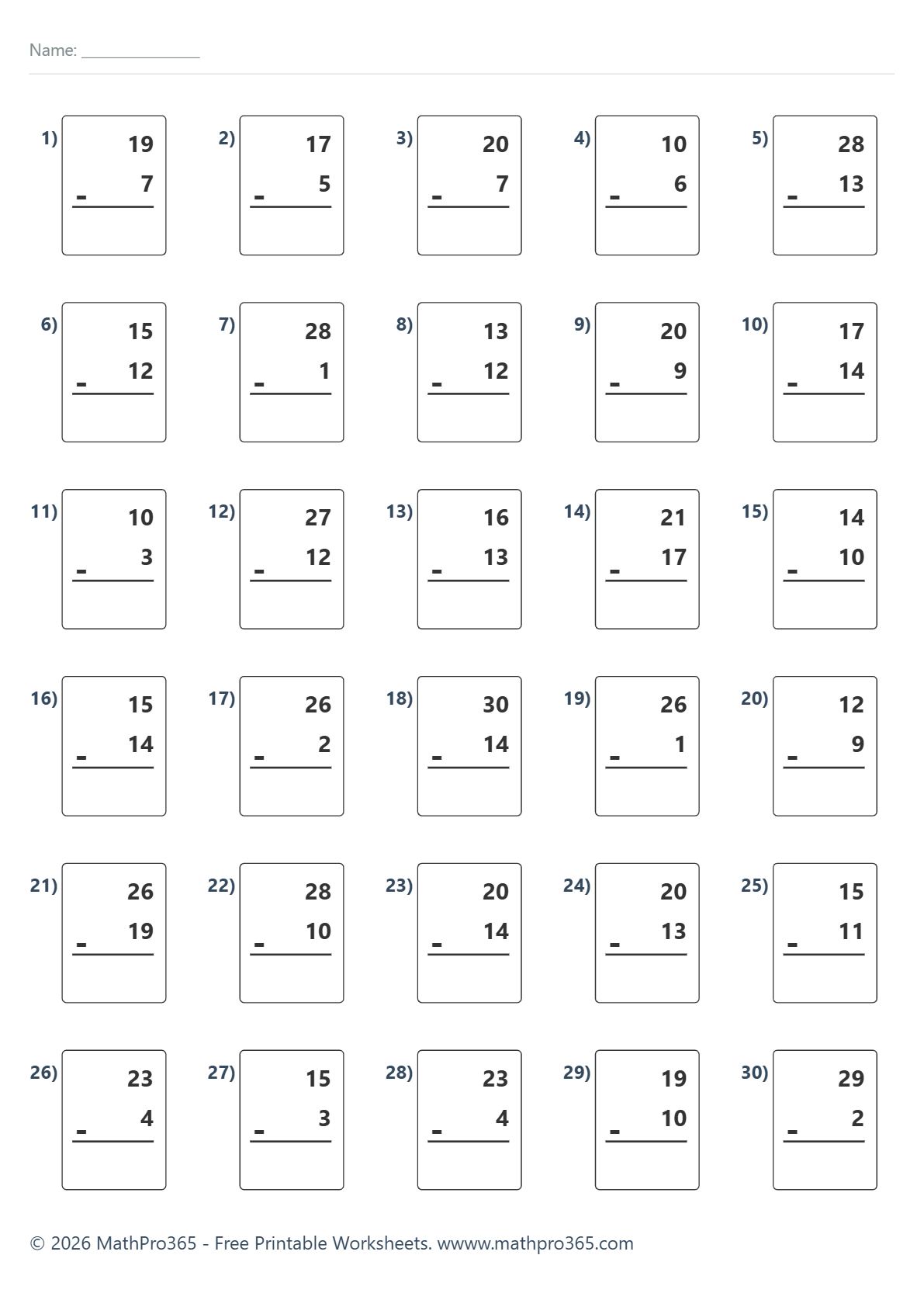 Subtraction Within 30 – No Regrouping (Grade 1) – Free PDF