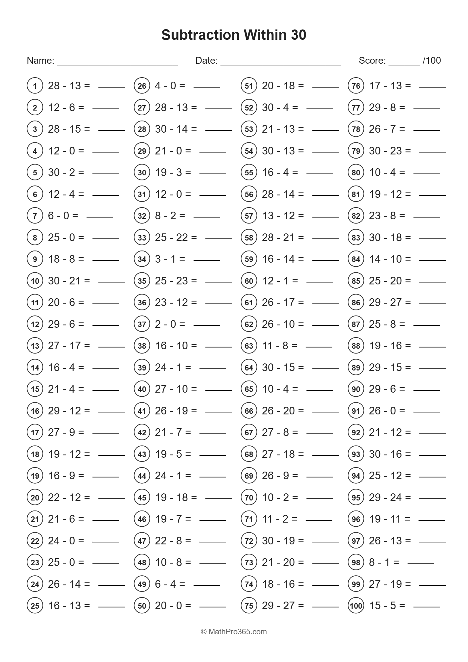 Subtraction Within 30 Practice Worksheet (100 Problems) - Free Printable
