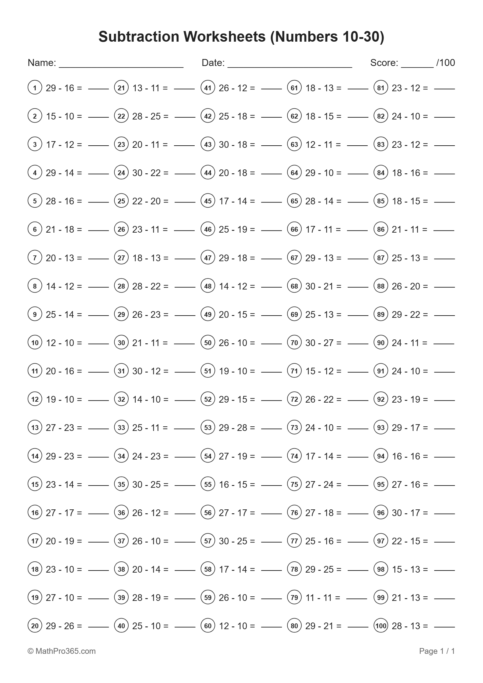 Subtraction Worksheets (Numbers 10-30) | 100 Problems